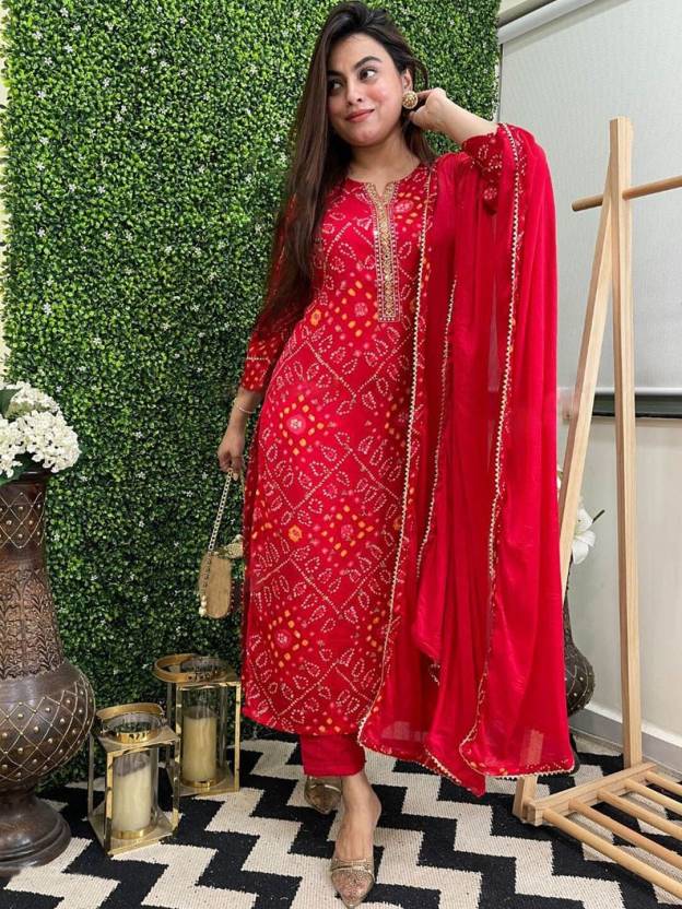 Women Embroidered Cotton Rayon Straight Kurta With Attached Dupatta,Pant Set (Red)