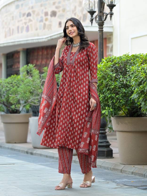 Women Pure Cotton Rayon Kurti Pant Dupatta Set