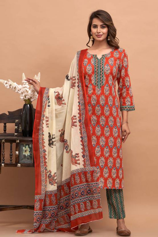 Pure Cotton Kurta Pant Dupatta Set For Women