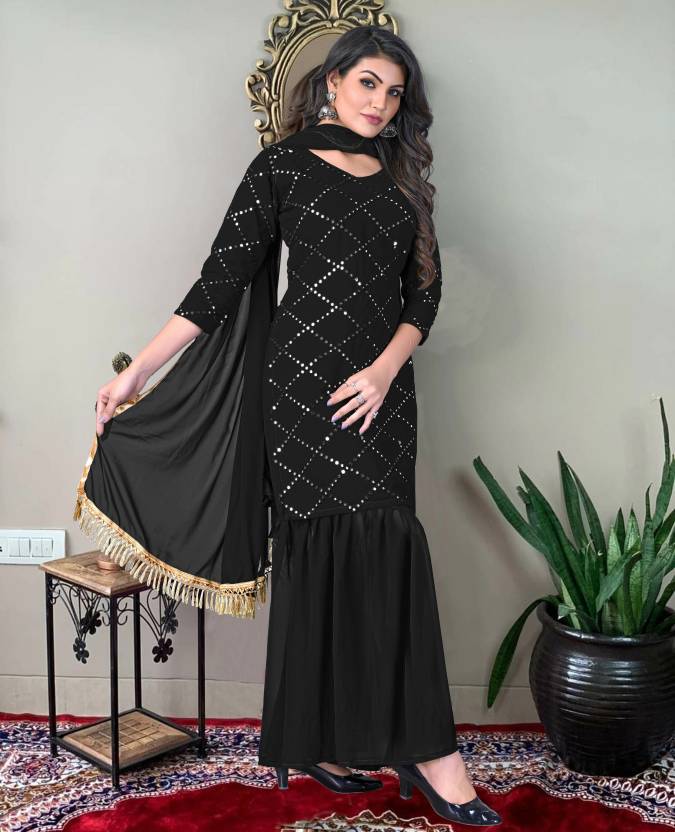 Women Georgette Kurti Sharara Dupatta Set