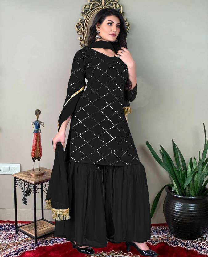 Women Georgette Kurti Sharara Dupatta Set