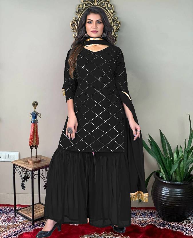 Women Georgette Kurti Sharara Dupatta Set